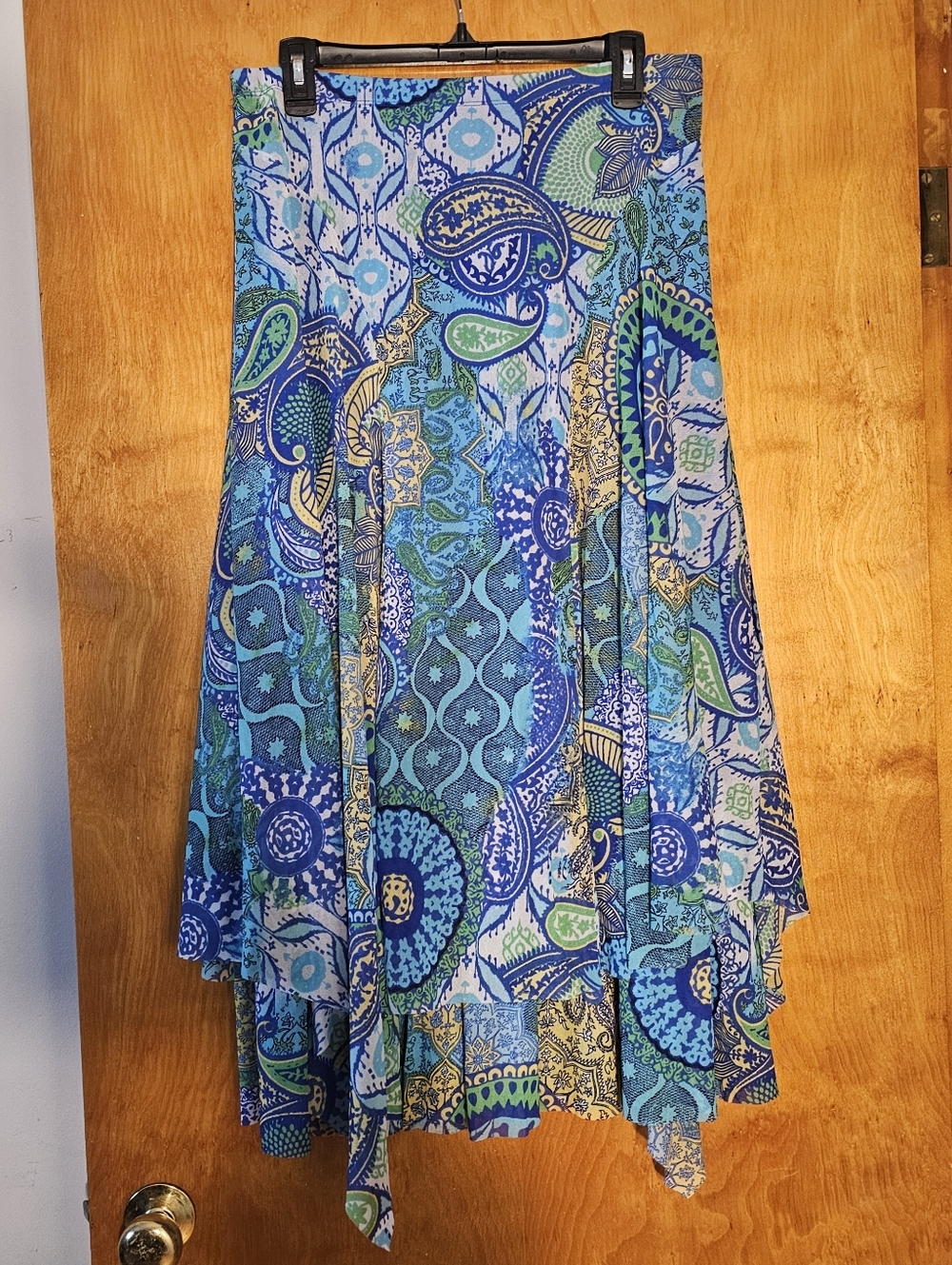 Chico’s Paisley Print Midi Skirt Women’s Size 1 Blue Green Flowy Boho